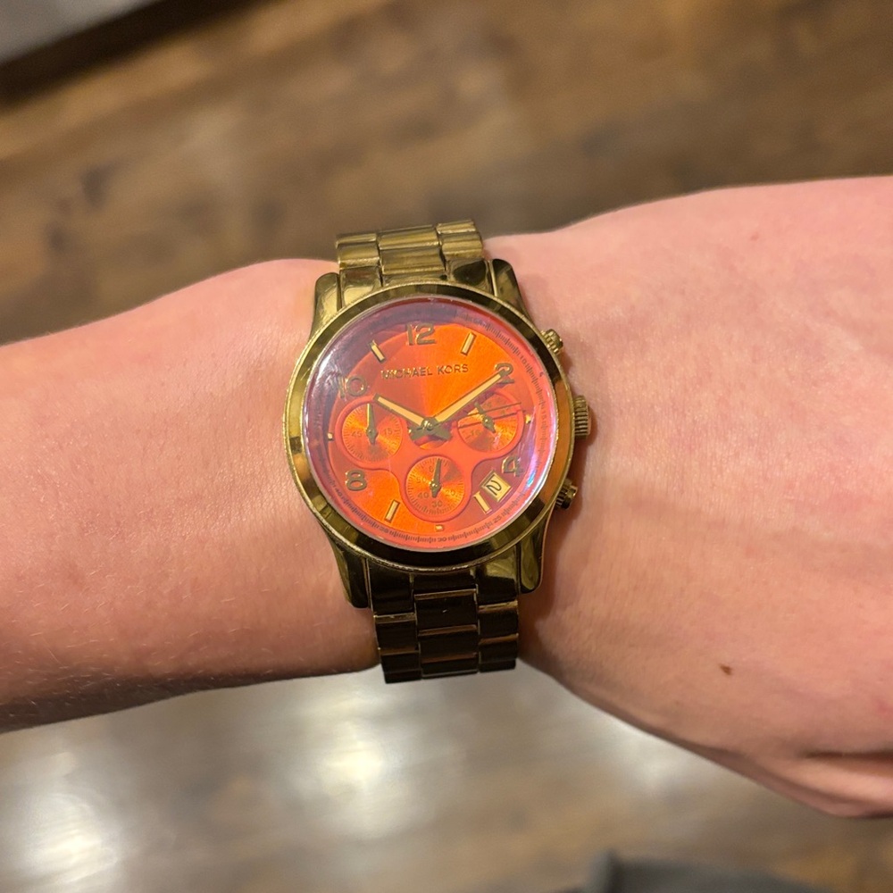 Michael Kors Orange Dial Gold Watch - Picture 2 of 5